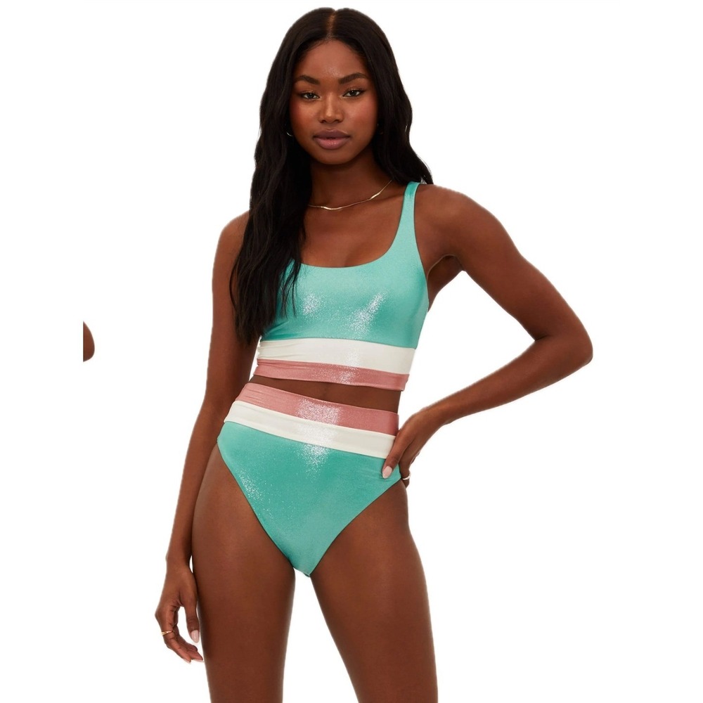 Beach Riot Mackenzie Bikini Set Metallic Teal Pink Colorblock High Waist Medium